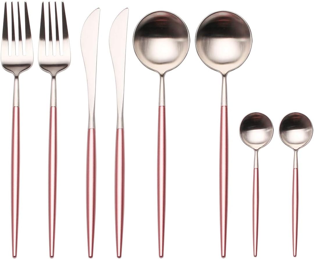 Flatware Set, Morgiana 8-Piece 18/10 Stainless Steel Flatware Sets Including Fork Spoons Knife Tableware Utensil Set Service for 2 (Pink&Silver)