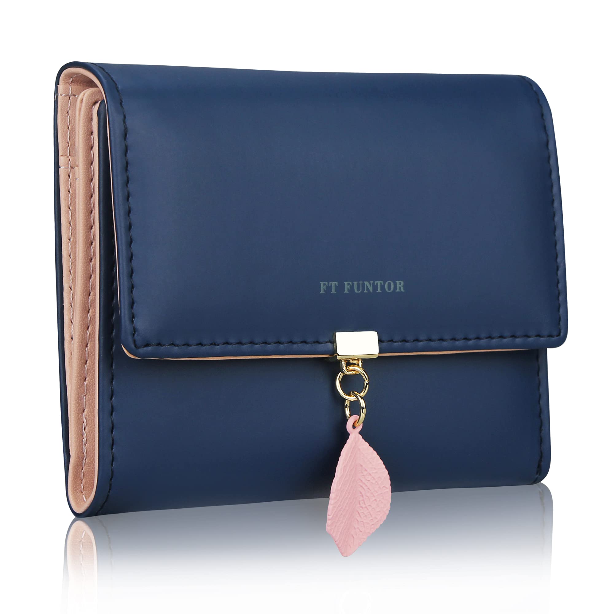 FT FUNTOR PU Leather Wallet for Women RFID-Blocking, Ladies Bifold Leaf Pendant Coin Zipper Small Purse with 5 Card Slots and 1 ID Window Card Holder Organizer (S-Lndigo)