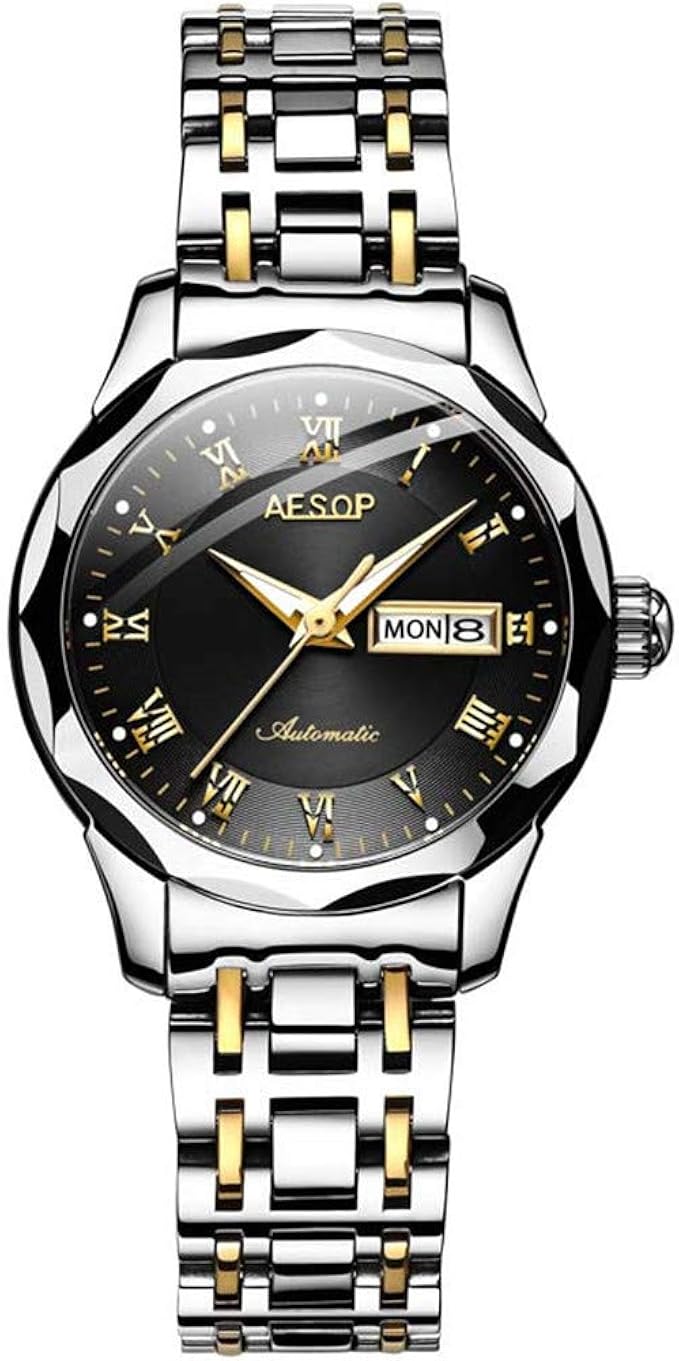 Amazon Aesop レディース 曜日 日付 アナログ 日本製自動巻き 機械式腕時計 タングステン鋼バンド 夜光 Silver Gold Black レディース腕時計 腕時計 通販