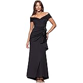 Xscape Womens Long Off Shoulder Sweetheart Neck Side Ruffle Gown (Reg and Petite)