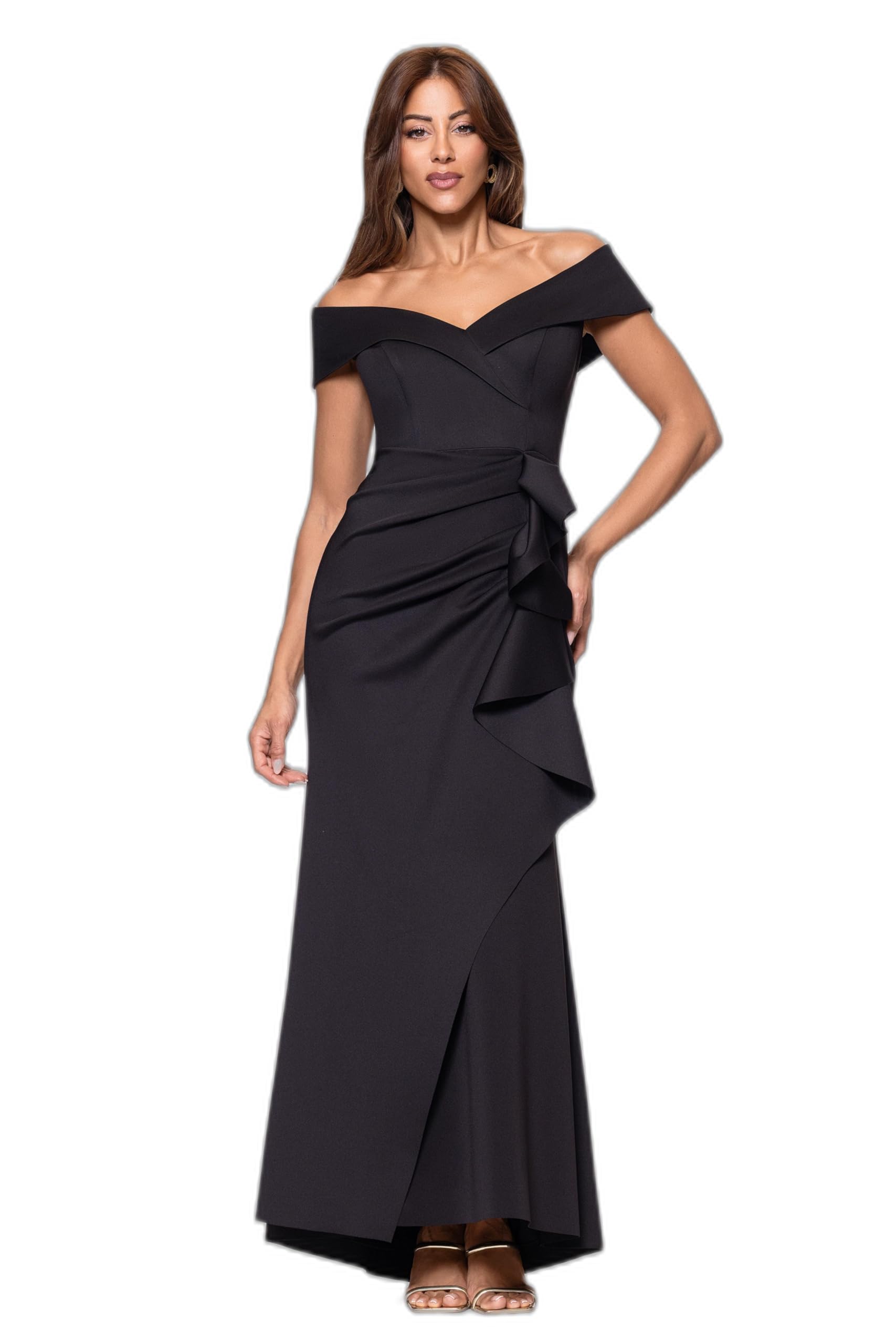 Xscape Women’s Long Off Shoulder Sweetheart Neck Side Ruffle Gown, Black, 10P