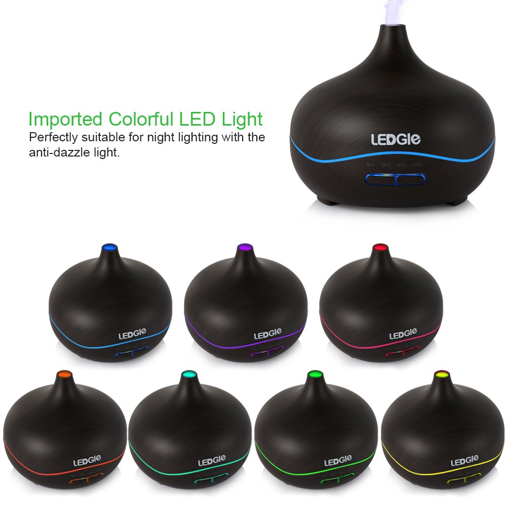 LEDGLE 300ml Home Essential Oil Diffuser (4 Timer Settings, 7 Color LED Lights, Up to 8H Use, Mist Control, Waterless Auto Shut-Off), Air Purifiers for Livingroom Bedroom Office Yoga Spa