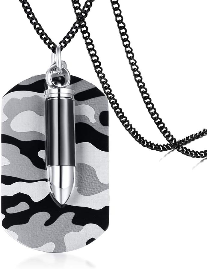 PJ JEWELLERY Stainless Steel Masculine Urban Army Camo Military Camouflage Dogtag with Bullet Container Cremation Urn Pendant Necklace