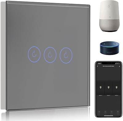BSEED 3 Gang 1 Way WiFi Light Switch In Gray with LED Indicator