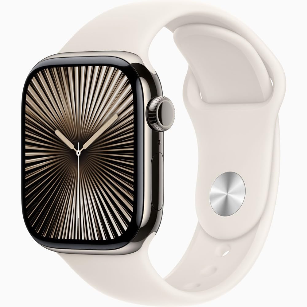 Apple Watch Series 10 [GPS + Cellular, 46mm] - Natural Titanium Case with Starlight Sport Band, M/L (Renewed) Image