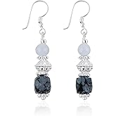 ARTISANJEWELS Snowflake Obsidian & Chalcedony Gemstone Earrings, Handmade Bohemian Silver Jewelry, Chakra Healing Crystals, Polished Stones, Dangling Earrings Gift for Women (Approx.1.25inch)