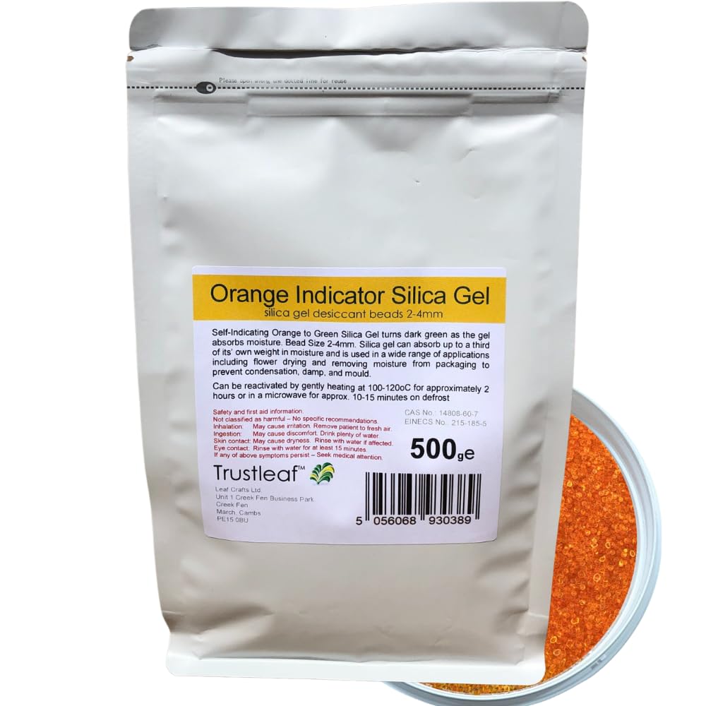 Trustleaf 500g, 1.1lbs Bag Orange Indicator Silica Gel Desiccant 2-4mm Beads - Dehumidify - Flower Drying - 3D Printing - Storage