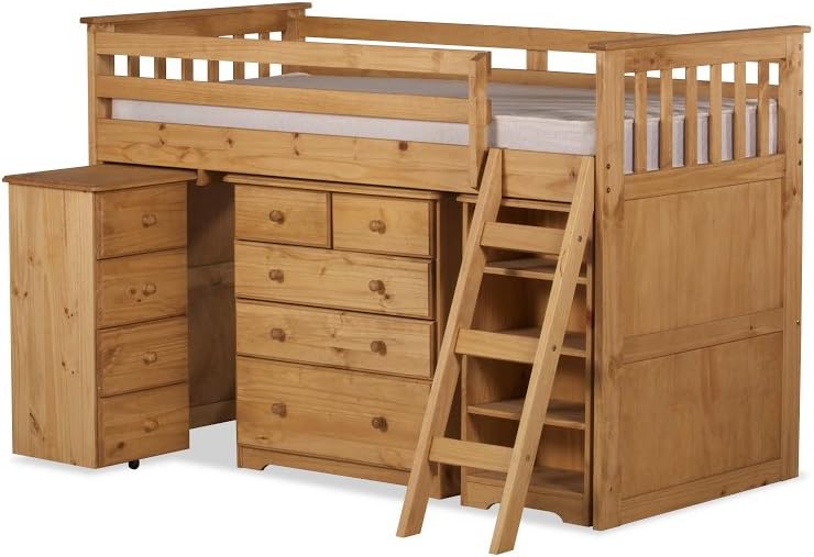 Children's / Kids 3ft Single Captain Cabin Storage Midsleeper Bunk Solid Pine Wooden Bed Bedstead in Finished in Waxed Pine & 3'0 Spring Flexi Medium Mattress