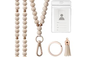 GUENOCIK Teacher Lanyard with ID Holder, Fashion Wood Beaded Lanyard for Keys, Super Cute Boho Breakaway Lanyard for Women