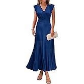 KIRUNDO Women's Summer Maxi Dresses Elegant V Neck Ruffle Flutter Sleeves Empire Waist Pleated Flowy Wedding Guest Dress