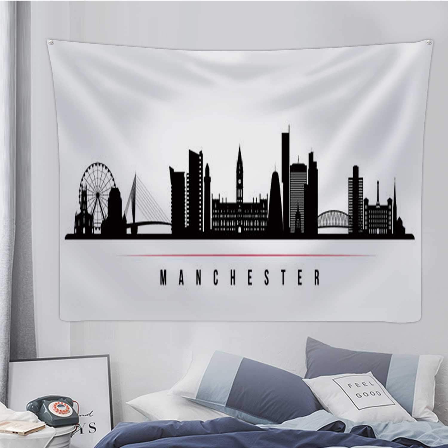 Amazon Com Manchester City Horizontal Banner Black And White Silhouette Of City Tapestry Wall Hanging United Kingdom Vector Template For Your Design Illustration Manchester England Wall Art For Living Room Dor Home Kitchen