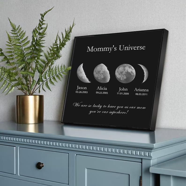 Custom Moon Phase Frame Gift Personalized Lunar Wall Art for Anniversary, Mother’s Day, Father’s Day, Birthday, or Valentine’s Day