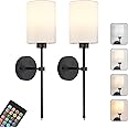 Battery Operated Wall Sconces Set of Two,Wireless Rechargeable Wall Light With Remote Control, Dimmable, Amber Light/Warm White/Natural White/Daylight/RGB, Timer,for Living Room,Bedroom,Entryway,Black