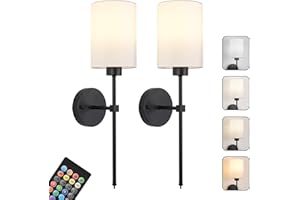 KARTOOSH Battery Operated Wall Sconces Set of Two,Wireless Rechargeable Wall Light With Remote Control, Dimmable, Amber Light/Warm White/Natural White/Daylight/RGB, Timer,for Living Room,Bedroom,Entryway,Black