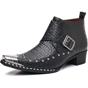 DINAOR Men's Crocodile-Embossed Western Ankle Boots with Metal Toe Cap | Crocodile-embossed PU upper, metal toe cap, buckle s