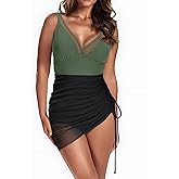 One Piece Swimsuit Women Tummy Control Swim Dress Slimming Mesh V Neck Full Coverage Bathing Suits