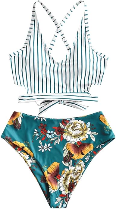 striped ruffle high waisted bikini set