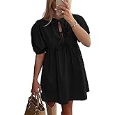 AGTCARE Womens Casual Dresses Short Puff Sleeve A-Line Mini Dress with Hidden Buttons for Summer
