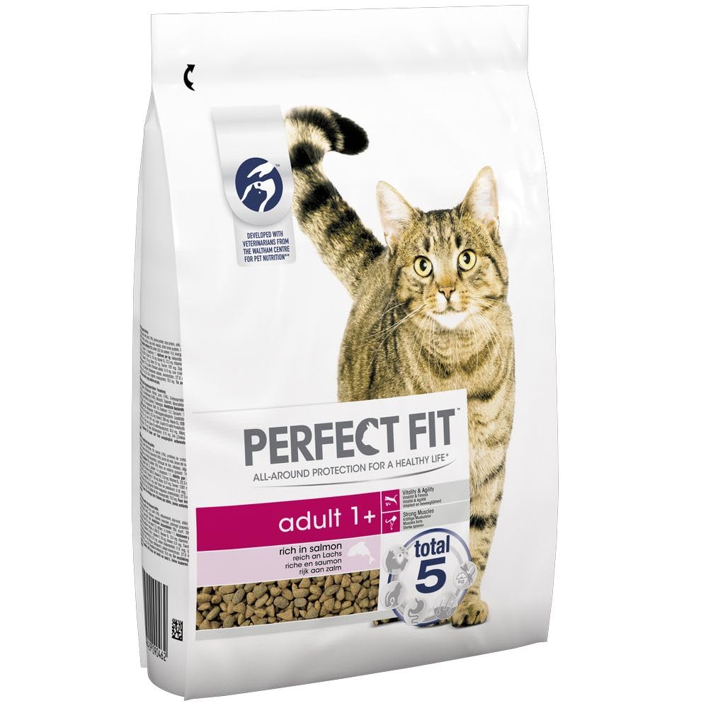 Perfect Fit Adult 1+ - Complete Dry Food for Adult Cats from 1 Year Old, Salmon, 3 Packs of 2.8 kg