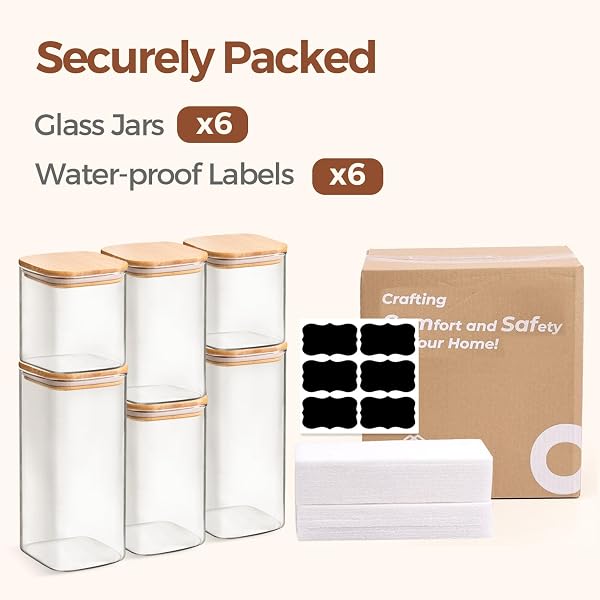 COMSAF GLASS PANTRY STORAGE CONTAINERS (0.7QT/1.2QT/1.6QT) SET OF 6, GLASS STORAGE CONTAINERS WITH LIDS, KITCHEN FOOD STORAGE JAR, SQUARE GLASS JARS FOR FLOUR CEREAL SUGAR TEA COFFEE BEANS SNACKS