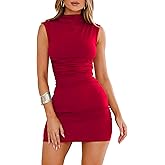 OWIN Women's Sexy Summer Casual Mock Neck Dresses Sleeveless Ruched Bodycon Cocktail Party Mini Dress