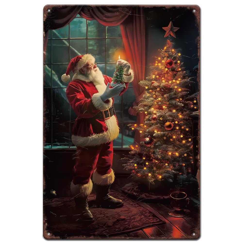 SUPERDANT Santa Claus Metal Tin Signs Christmas Tree Metal Sign Santa Claus in the House Tin Sign Plaque Retro Metal Poster for Christmas Party Home Living Room Bars Cafes Pubs Decorations