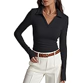 Prettywear Womens Long Sleeve Polo Shirts Business Casual Work Top Blouse Fitted Collared V Neck 2026 Spring Fashion Clothing