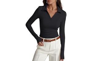 Prettywear Womens Long Sleeve Polo Shirts Business Casual Work Tops Blouse Fitted Collared V Neck Shirt 2025 Fall Clothes