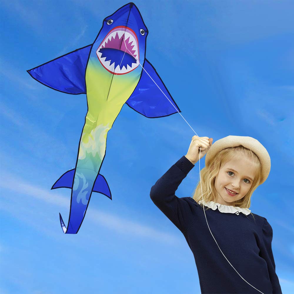 HONBO Large Shark Kites for Kids & Adults, Easy to Fly, Beginner Kite for Boys & Girls for Outdoor Game, Beach Trip, and 60 Meters String for Summer