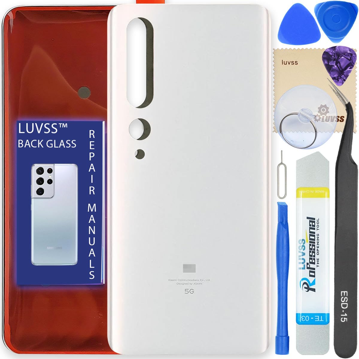 LUVSS Back Glass Cover Replacement Compitable for Xiaomi Mi 10 Pro Rear Cover + Repair Manual DIY Tools Kit (White)