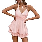 Fixmatti Women Spaghetti Strap Romper V Neck Backless Ruffle Chiffon Shorts Jumpsuit Playsuit