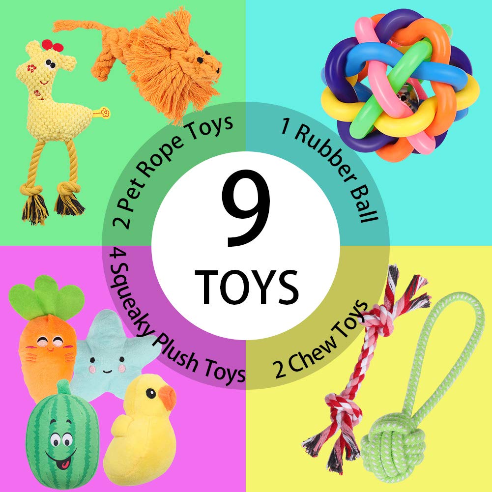 Dog Toys for Aggressive Chewers, Puppy Chew Toys - 100% Natural Cotton Rope Teething Toys - Squeak Toys - Dog Balls - Plush Dog Toy - Tug of War Ball - Toys for Small Pet Dogs 9 Pack Gift Set
