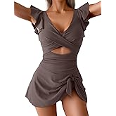 Aidonger One Piece Swimdress Swimsuit for Women Tummy Control Ruffle Swim Dress Skirt V Neck Cutout Wrap Bathing Suit