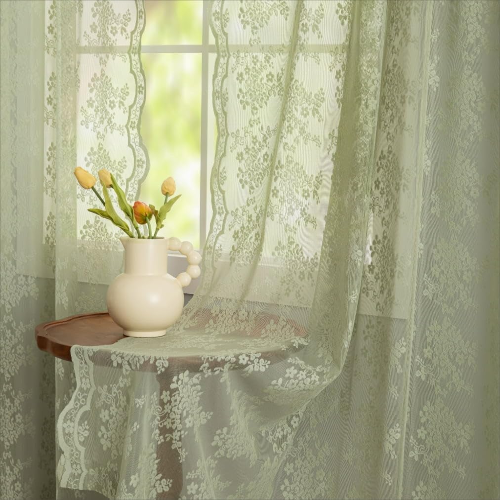 YJ YANJUN Sage Green Curtains for Bedroom 54 Drop 2 Panels Elegant FLoral Lace Sheer Curtains for Small Window Privacy Kitchen Short Curtains for Living Room 52 W x 54 L Inch(132cm x 137cm) Sage — image 1