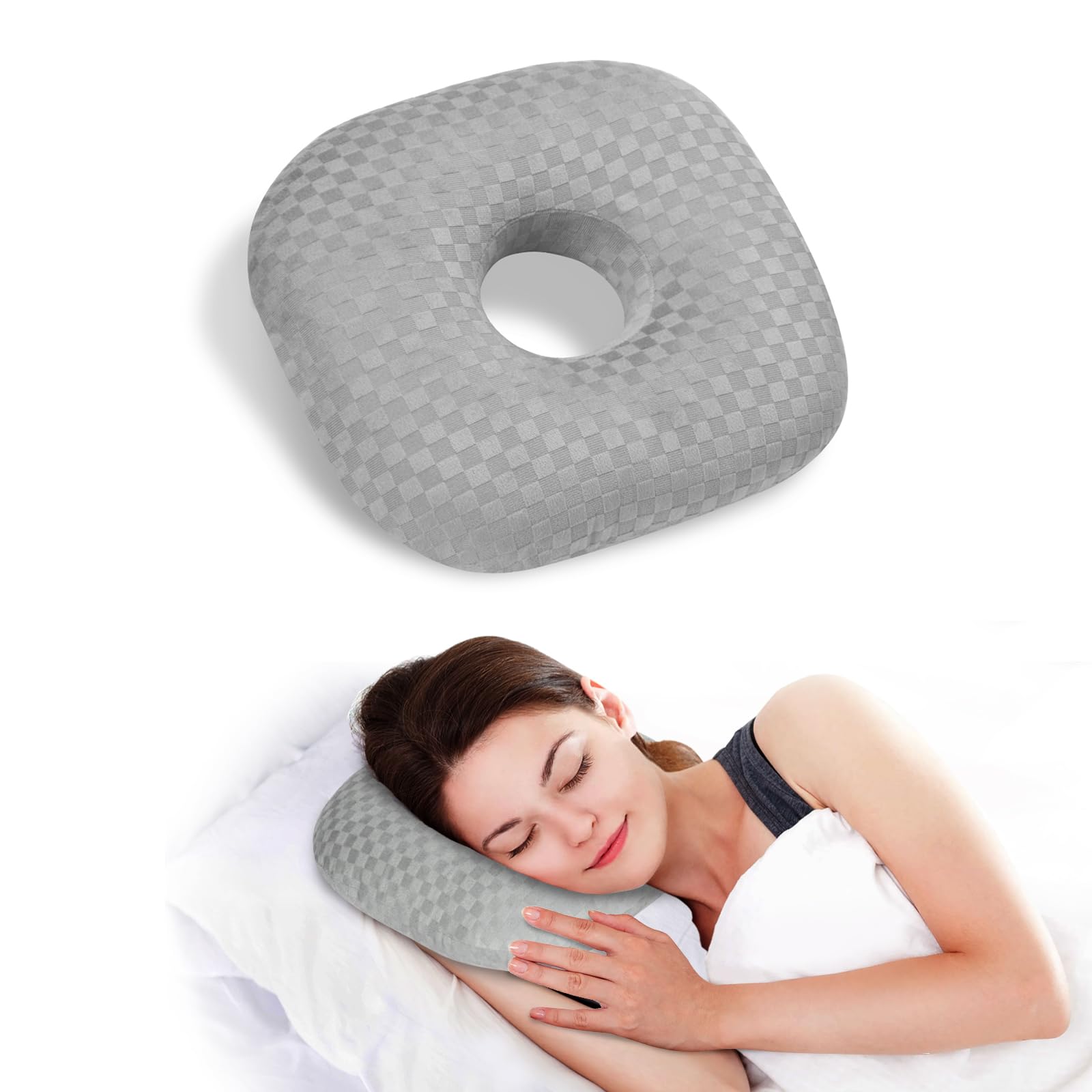 Photo 1 of Babyezz Ear Piercing Pillow for Side Sleepers - Ear Hole Pillow for Pierced Ears, CNH & Pain Relief, O-Shaped Orthopedic Pillow for Pressure Sores, Soft Cotton (Gray)