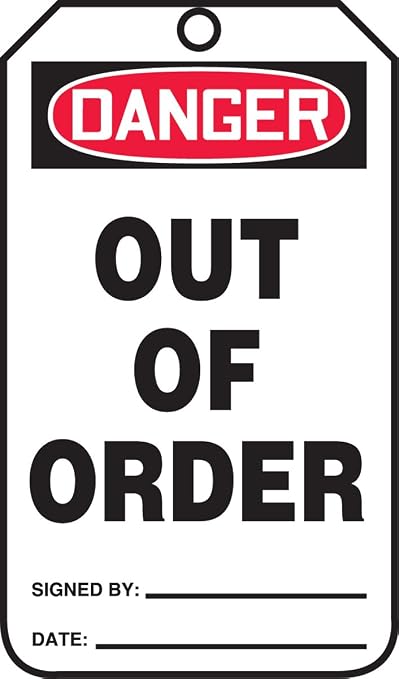 Accuform Signs Mdt167Ptp Safety Tag, Legend "Danger Out Of Order", 5.75" Length X 3.25" Width X 0.015" Thickness, Rp-Plastic, Red/ Black On White (Pack Of 25) (846642046880)