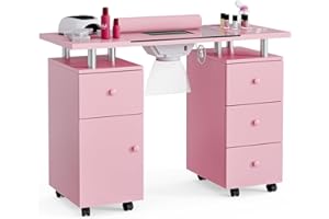 Belandi Manicure Table, Glass Top Nail Tech Desk Nail Table Station for Nail Tech w/Electric Downdraft Vent, Wrist Cushion, Lockable Wheels, Storage Drawers, Wooden Handles (Pink)
