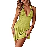 Women Sexy Halter V Neck Mini Dress Flowy Irregular Ruffle Hem Backless Summer Dress Ruched Cocktail Party Dresses