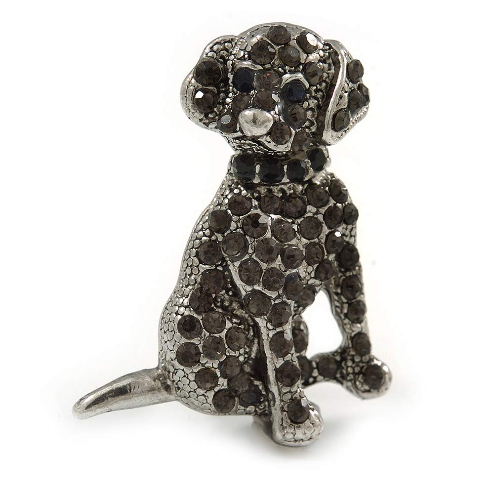 Dim Grey Crystal Dog Brooch In Silver Tone Metal - 35mm L