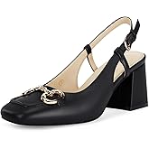 Womens Slingback Block Heels Closed Square Toe Dress Work Shoes Slip on Buckle Strap Business Pumps