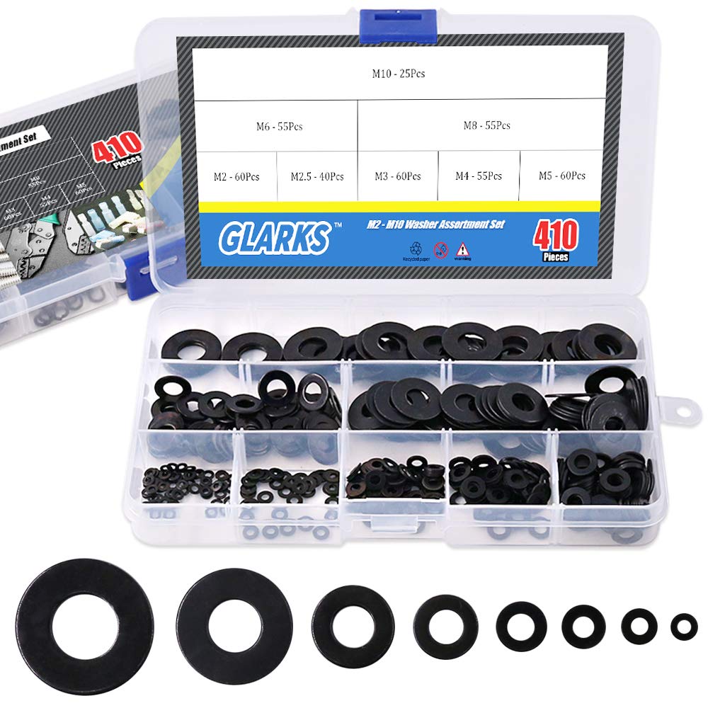 Glarks 410Pcs Metric M2 M2.5 M3 M4 M5 M6 M8 M10 Flat Washers Assortment Set, Black Zinc Plated Alloy, 2mm, 2.5mm, 3mm, 4mm