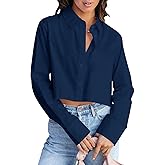 INFITTY Women's Button Down Cropped Shirts Long Sleeve Casual Crop Tops Loose Fit Cotton Lapel Blouse Fall