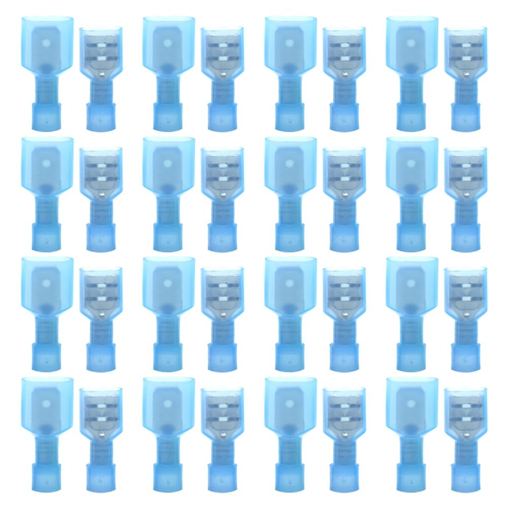 Yosawo 100-Pieces Nylon Fully Insulated Male/Female Spade Wire Crimp Connectors，Quick Disconnects Wire Terminals Connector Assortment Kit AWG 16-14 Blue（NLGML)