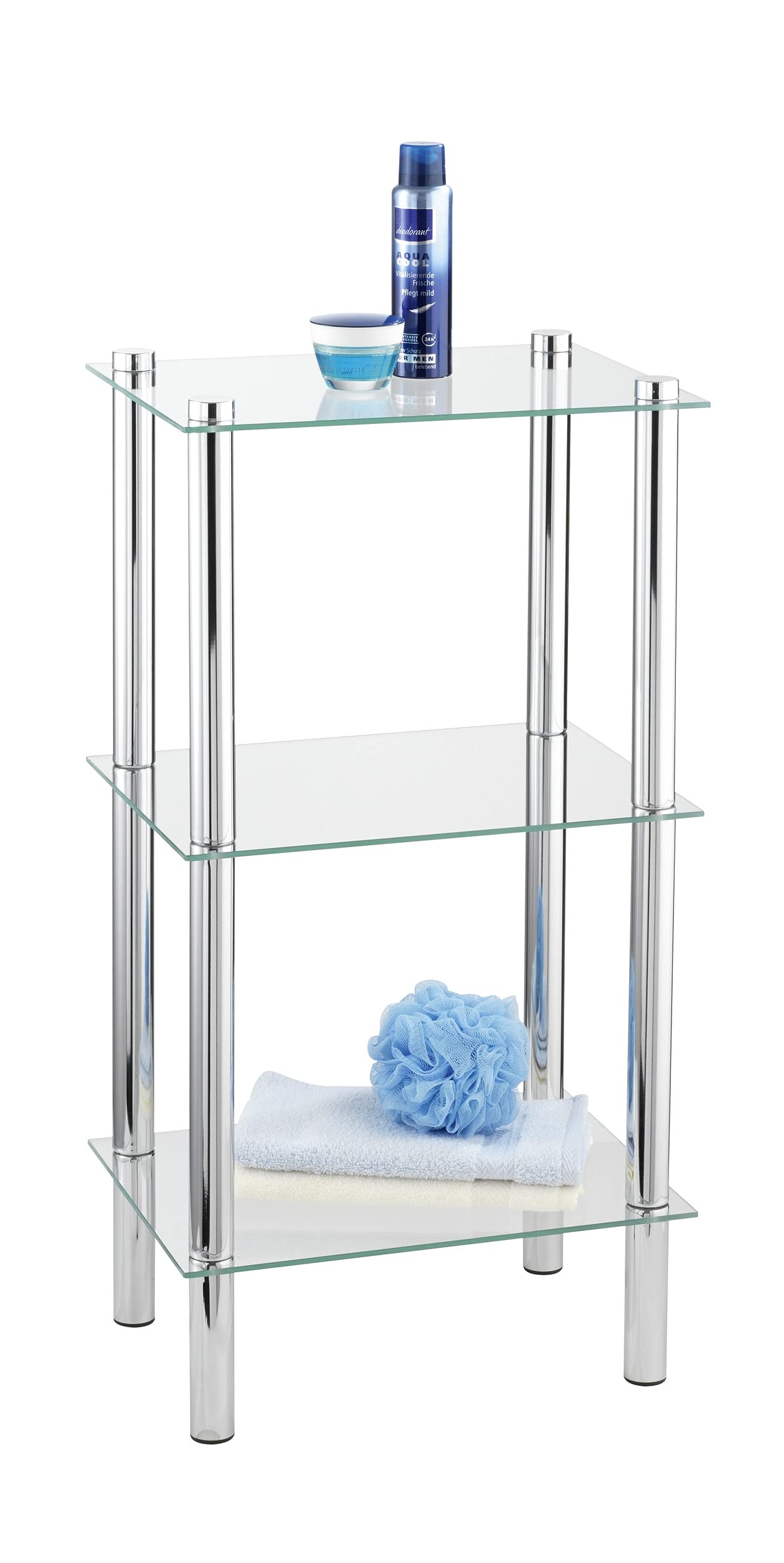 Wenko 15851100 Bathroom Rack Yago Square 3 Glass Shelves, Metal Steel, 40 x 74 x 30 cm, Chrome