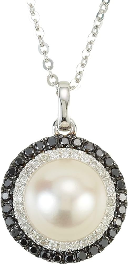 14k White Gold Freshwater Cultured Pearl with 1/4 Ct Black & White Diamond Halo 18" Necklace