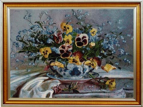 Framed Large Viola Flower Blue Beautiful Jacquard Woven Wall Hanging Tapestry Fine Art Decor (Copper)