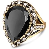 HAIXIAN Gold Black Obsidian Stone Ring for Women,Retro14K Yellow Gold Plated Waterdrop Shap Gemstone Crystal Ring,Cocktail Party Signet Ring Jewelry for Women Her