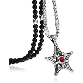 BLEUM CADE Double-Sided Star Wiccan Witch Magical Power Pentagram Pendant Necklace with Black Agate Stone Chain 26" (Red)
