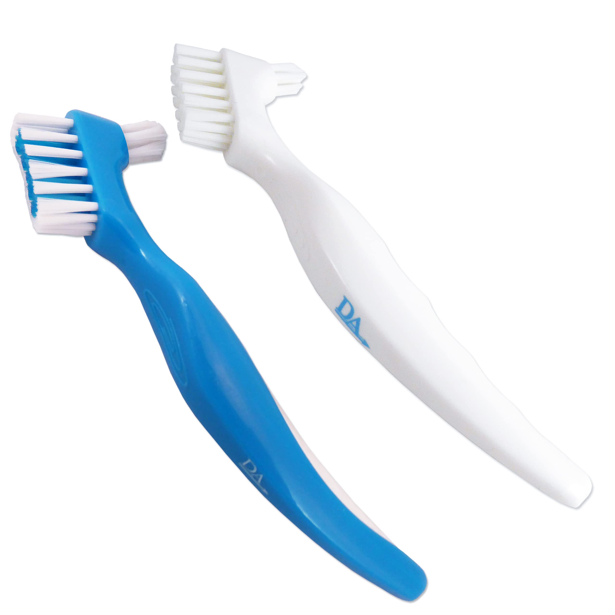 Denture Brush (Set of 2) Blue & White Brushes ~ Easy Grip Handle, Double Bristle Head