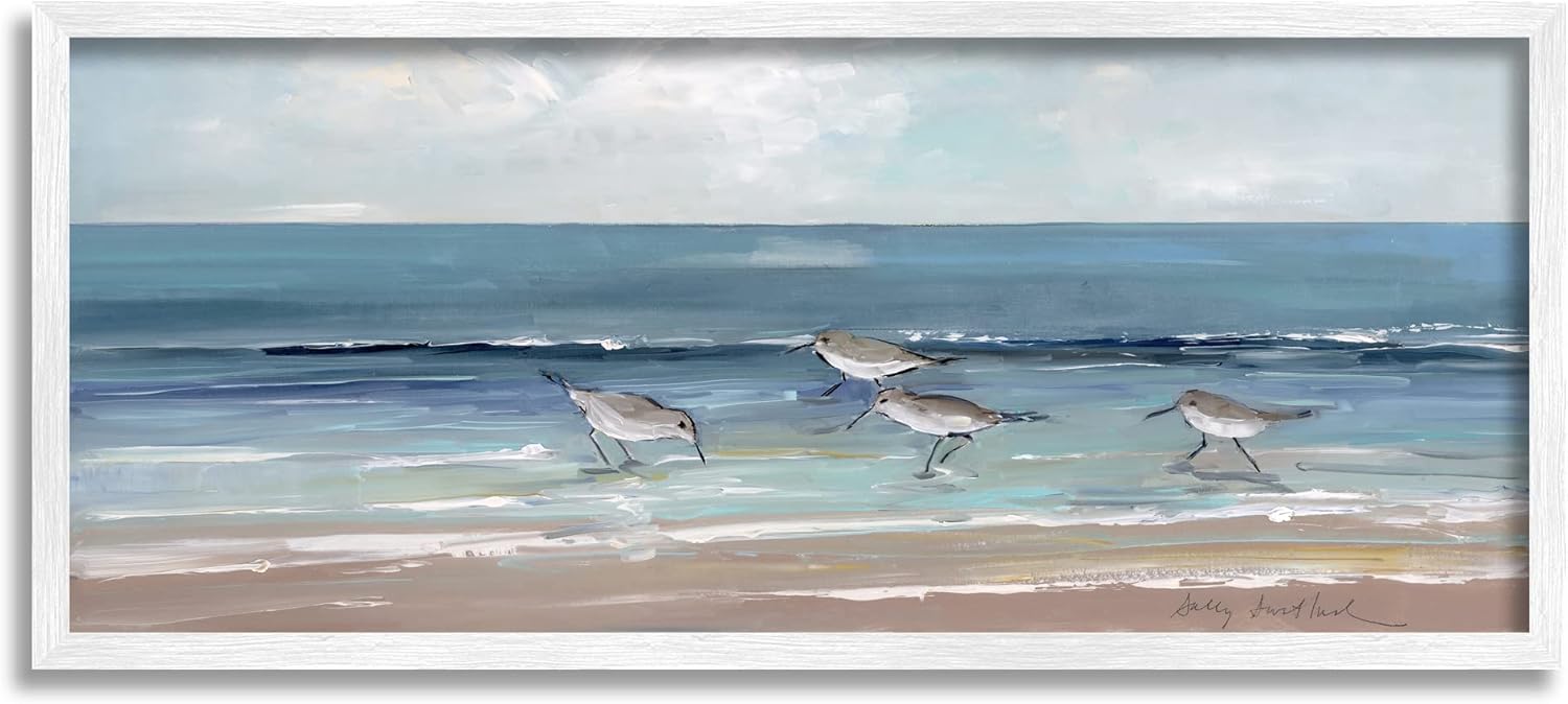 Paintings - Stupell Industries Sandpipers Birds Cloudy Sky Beach Shore Painting,Design by Sally Swatland, Blue, 30 x 13